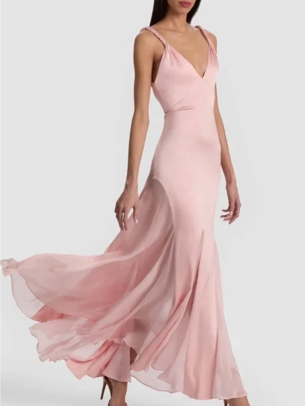 Alice + Olivia pink maxi dress in satin twist straps v-neck bias cut drop waist